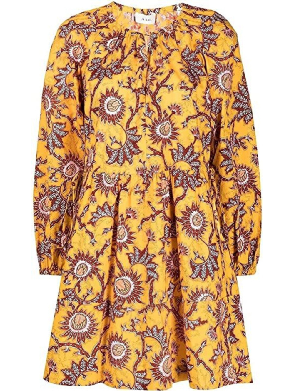 A.L.C. Yellow + Brown VIBRANT Floral Drawstring MINI DRESS Retro Boho WOMENS 4 S